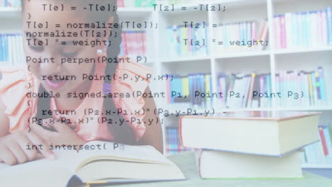 animation of digital data processing over biracial schoolgirl reading