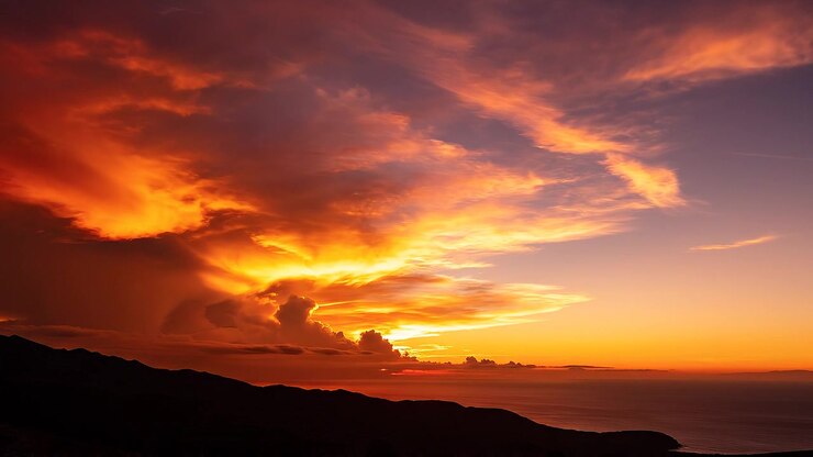 Dramatic vibrant sunset over mountains and ocean coastline