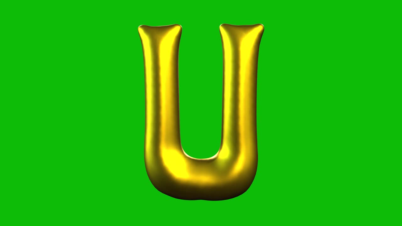 Gold Foil balloon letter U inflates, spins, and reveals on green screen in 3D animation. Ideal for celebrations, parties, birthdays, and video editing projects