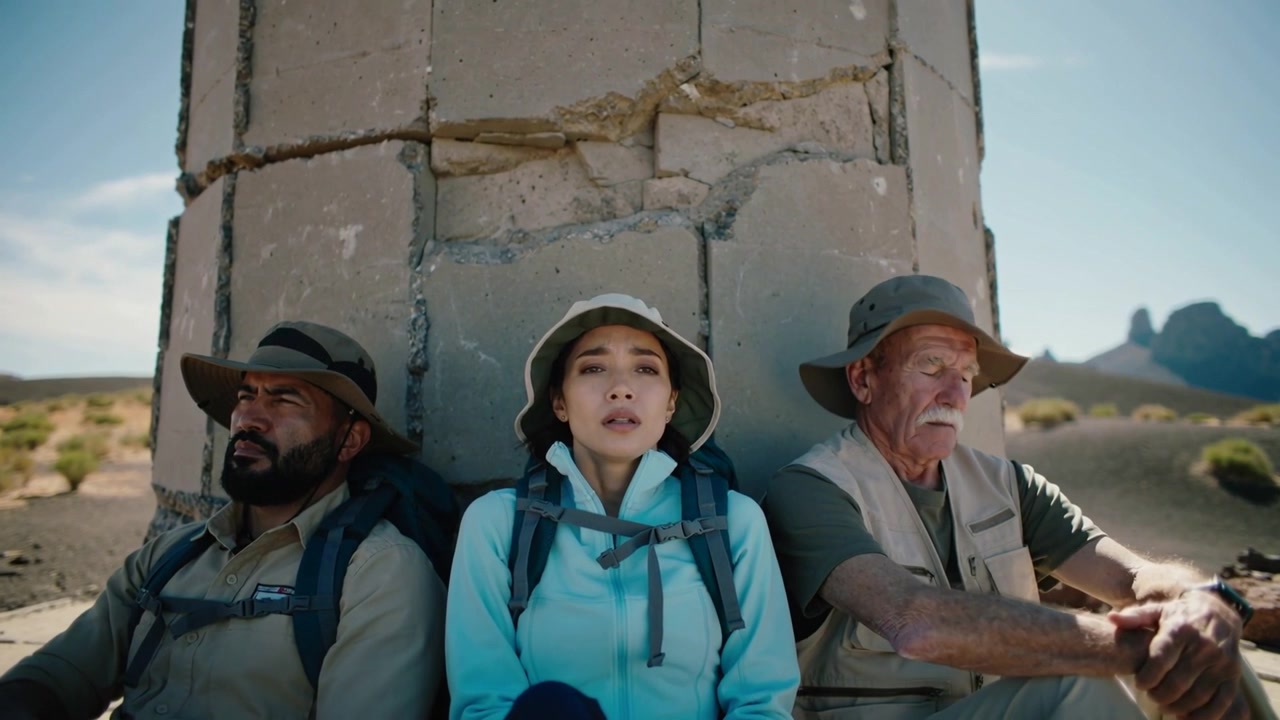 Sitting hikers resting after hike against cracked pillar on sunbaked plain, wearing hats and packs
