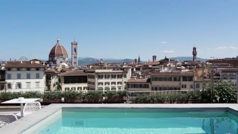 Luxury-Hotel-Rooftop-Pool-with-View-of-Florence-City-and-Cathedral-Dome,-Aerial-Flight-with-Copy-Space