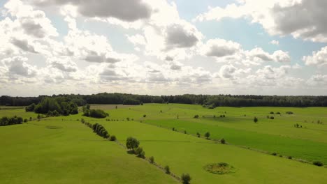 Aerial-footage-over-green-meadow,-sky-is-blue-and-white-clouds,-below-is-green-grass,-trees-and-some-paths,-Eastern-poland