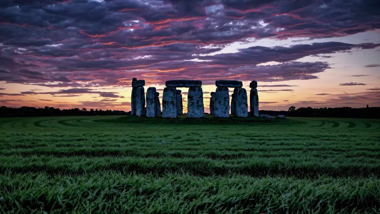 Foto grande angular de Stonehenge ao pôr do sol, capturando nuvens dramáticas e cores vibrantes