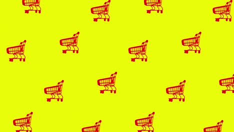 animación de patrón de bucle sin costuras con muchos carros de compras vacíos rojos en fondo amarillo. viernes negro y concepto de publicidad, espacio de copia