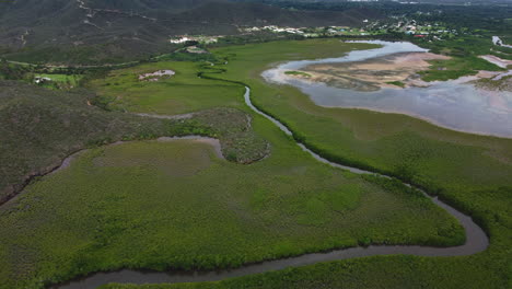 Flyover-above-channel-winding-through-mangrove-swamp-near-Voh,-New-Caledonia