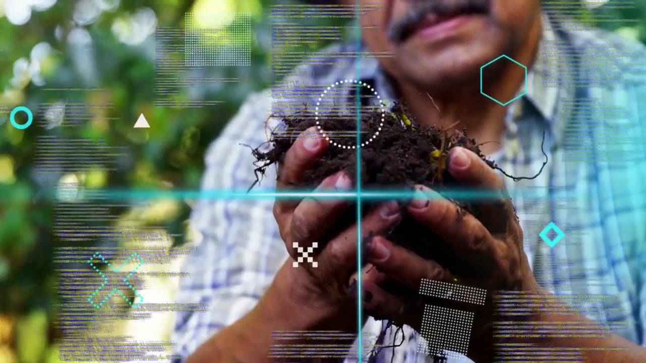 Vertical video: Farmer holding soil clump after zoom, showing roots to assess health with teal HUD