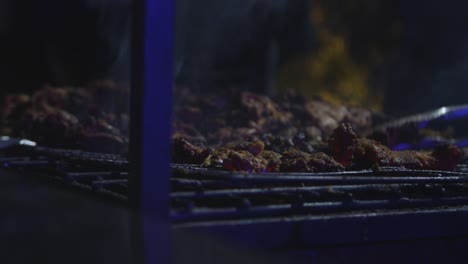 roasted chicken over a fire grill at night, smoke, no flame, medium close up