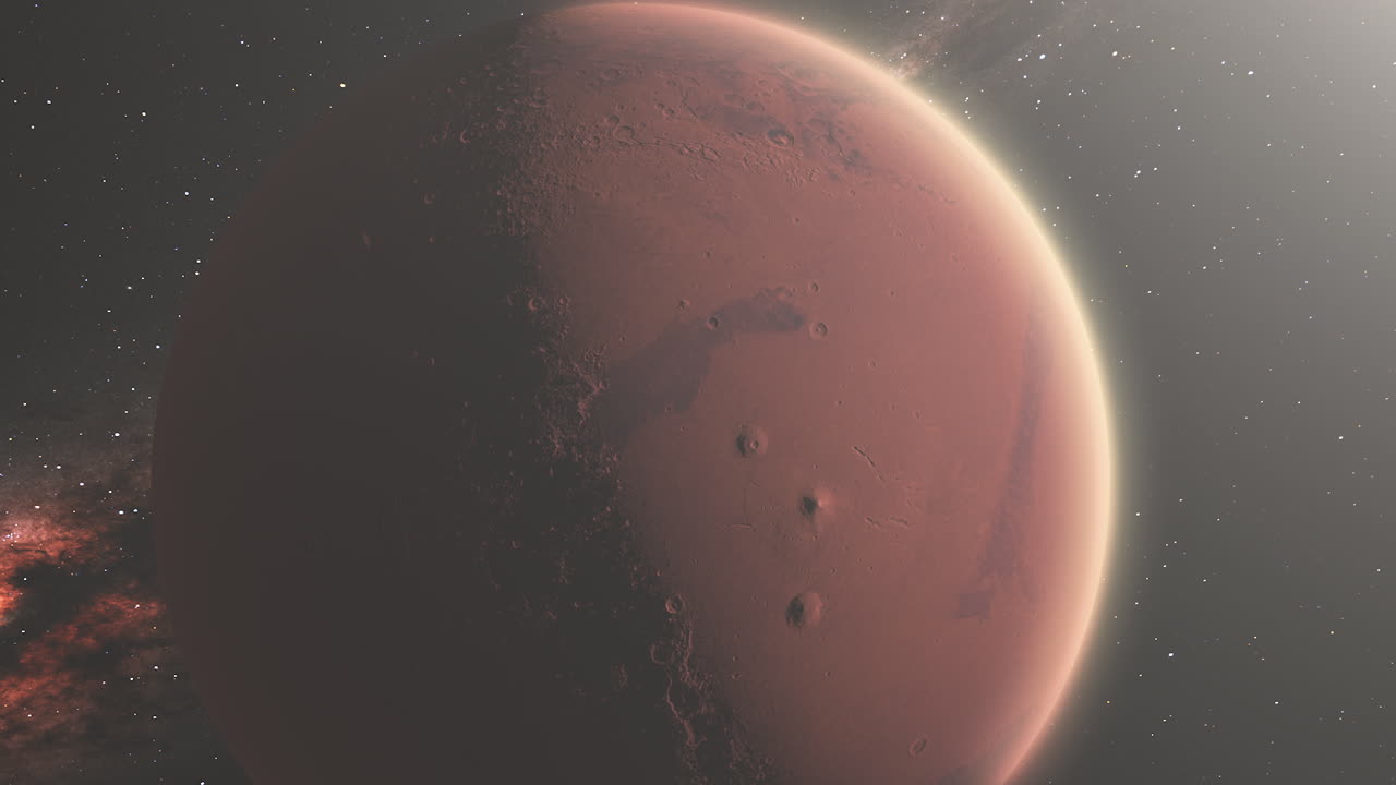 Red Planet Mars from Space with Mountains and Atmosphere Visible and Milky Way Galaxy Background - 3D Animation 4K