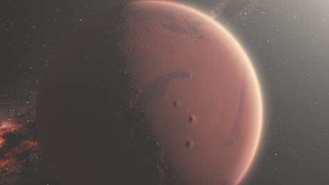planeta rojo marte desde el espacio con montañas y atmósfera visible y fondo de galaxia de vía láctea - animación 3d 4k