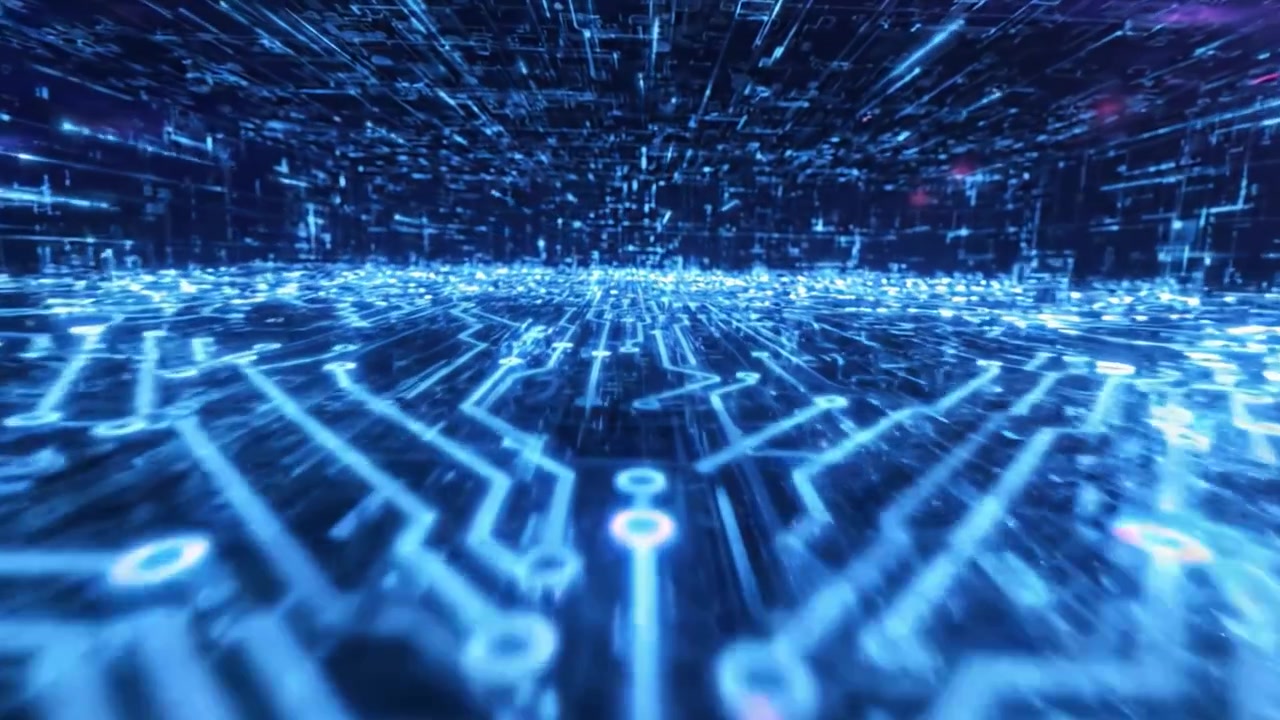 Dynamisk perspektiv av et futuristisk digitalt kretslandskap med flytende datastrømmer i en dyp blåfarge, som antyder en reise gjennom avansert teknologi.