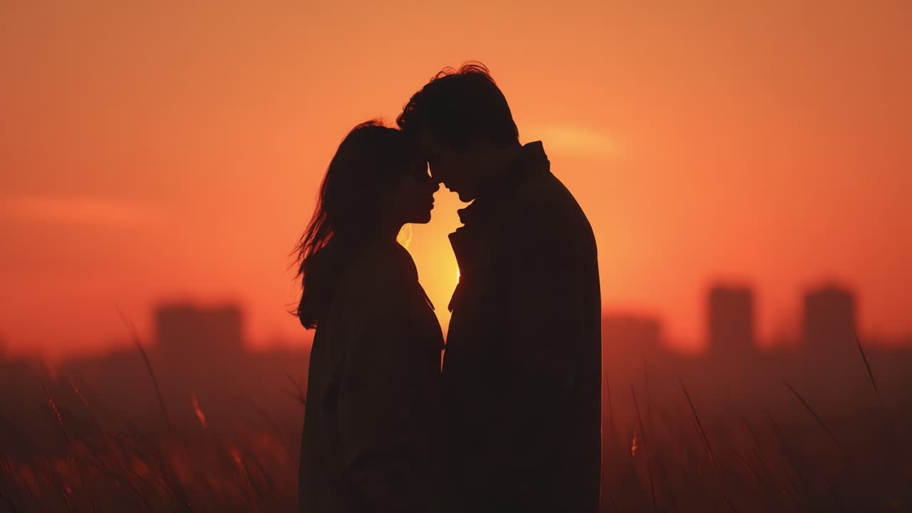 Silhouetted Couple Sharing a Tender Moment Against a Stunning Sunset in a Field, Capturing the Essence of Love and Connection in a Beautiful Natural Setting