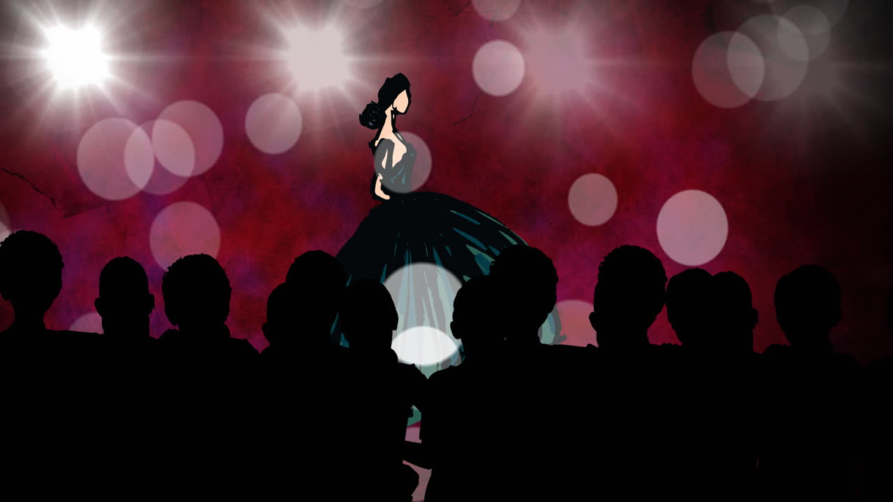 패션 쇼에서 패션 도보에 있는 모델의 패션 드로잉의 애니메이션,  ⁇ 은 배경