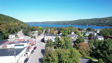 aerial view of hammondsport ny in the finger lakes looking over the village to keuka lake