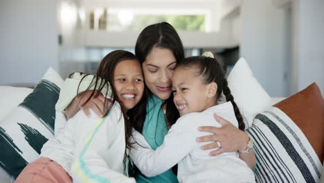 Woman,-smile-and-hug-children-on-couch-with-love