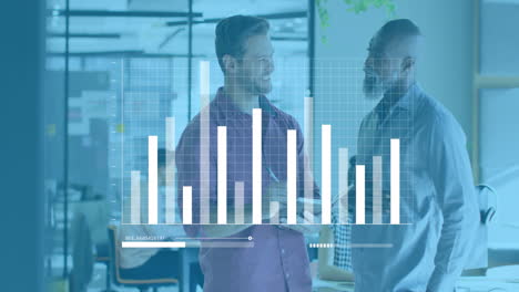 Animation-of-statistical-data-processing-against-two-diverse-men-discussing-at-office