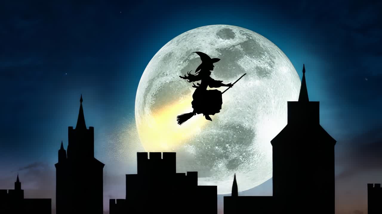 Strega che scivola nel cielo medievale illuminato dalla luna, con una scia dorata di scopa che si estende dalla sua coda