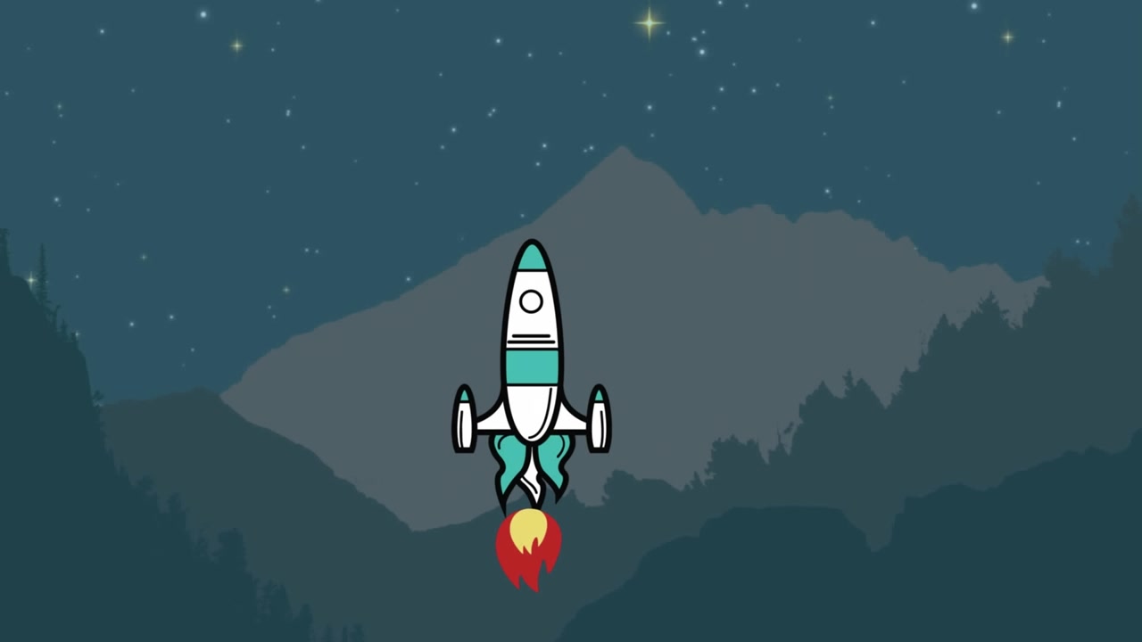 Animation of flying rocket icon over mountains landscape at night with stars