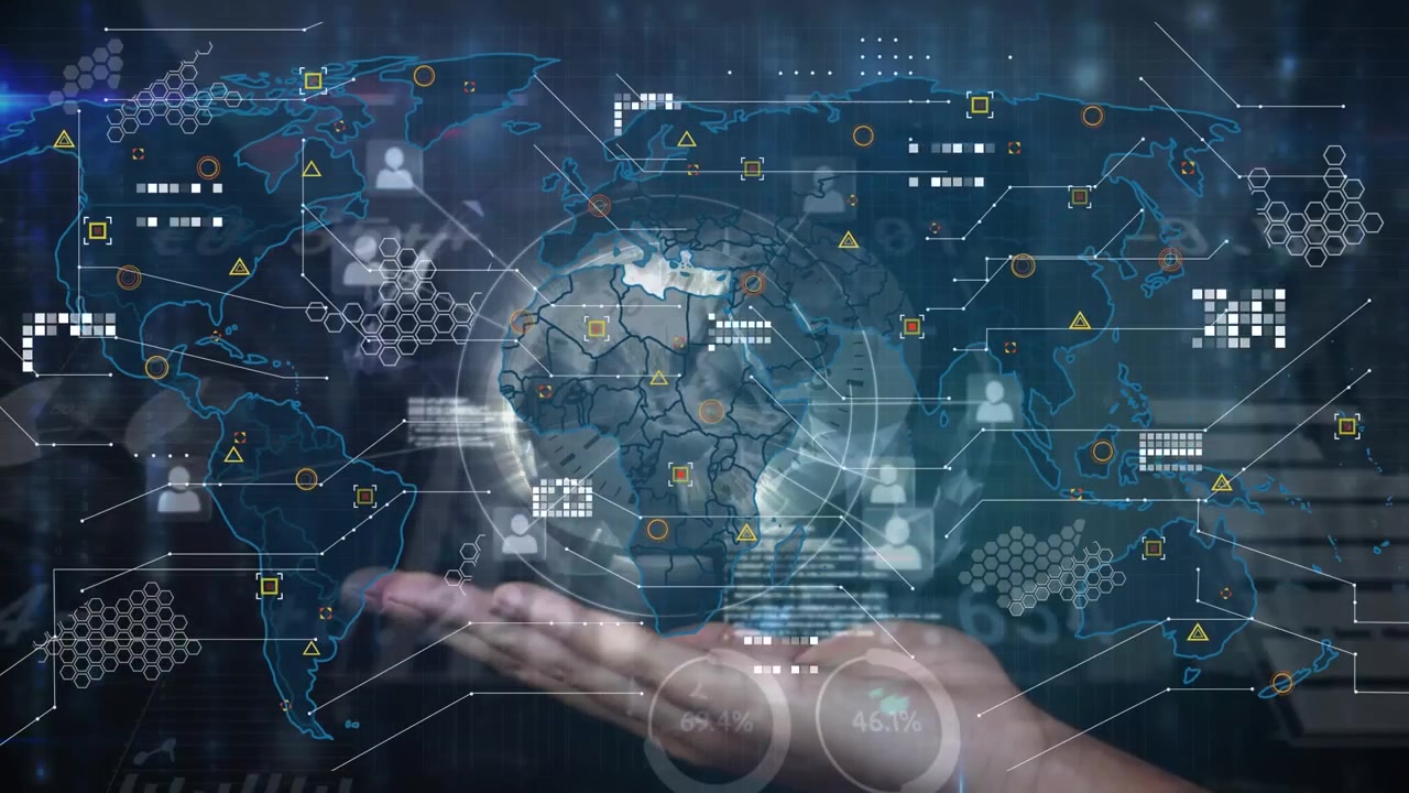 World map and data processing against spinning globe over cupped hand against blue background