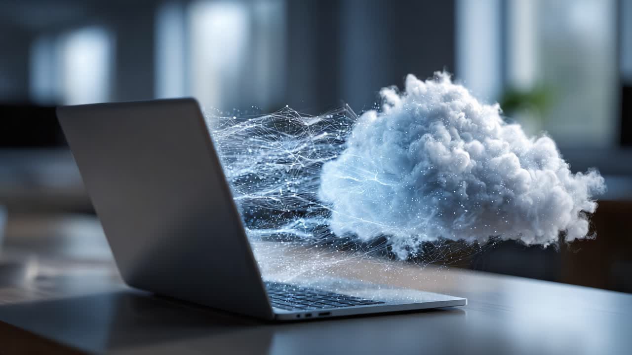 A Laptop Surrounded by a Digital Cloud: Exploring the Fusion of Technology and Clouds in a Modern Workspace Environment