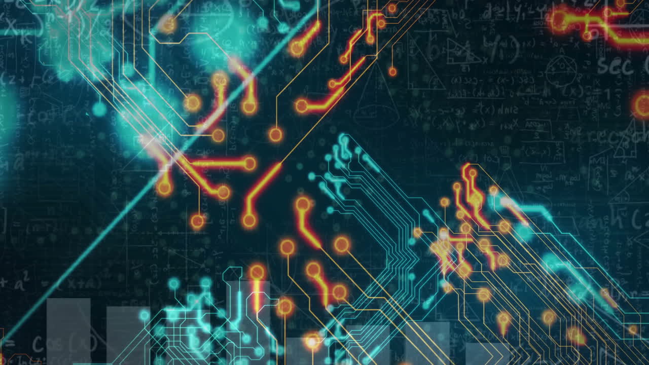 Animation of circuit board and digital data processing over computer servers
