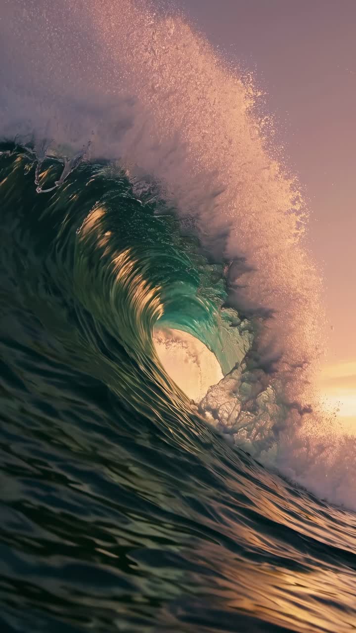 Dynamic video still of a powerful ocean wave captured at a low angle, highlighting the golden sunset