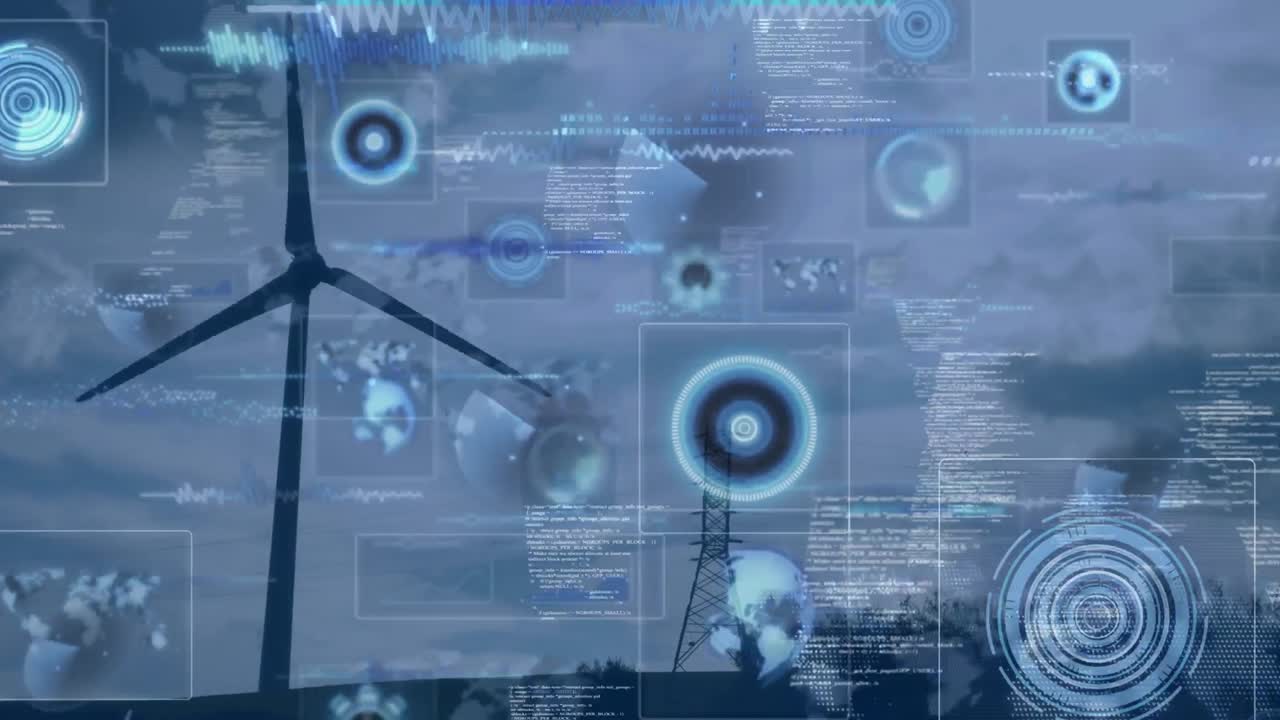 Animation of data processing with scope scanning over wind turbine