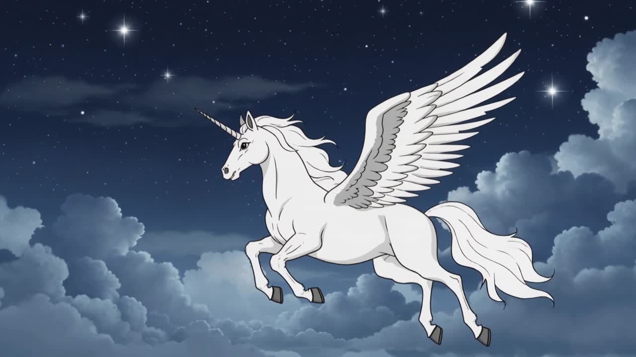 Starting clip white horned winged unicorn flying across starry sky, flapping wings to stay aloft