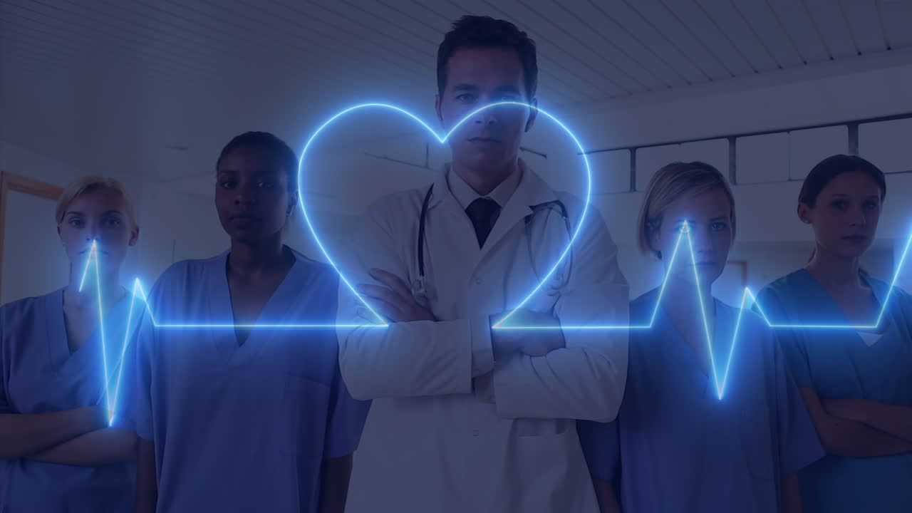 animación de la línea de vida sobre un grupo diverso de médicos