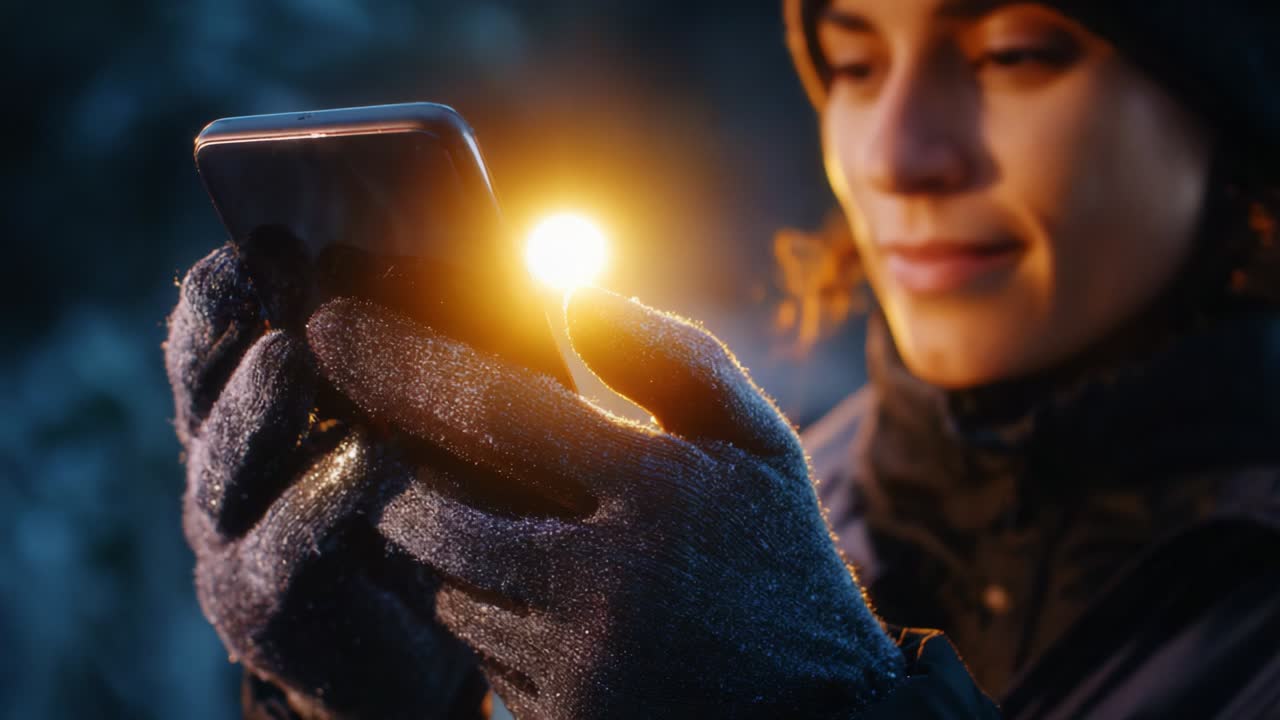 A focused individual holding a smartphone illuminated by a soft light in the evening. The glow enhances their expression while wearing cozy gloves against a cool backdrop, capturing a moment of technology and warmth