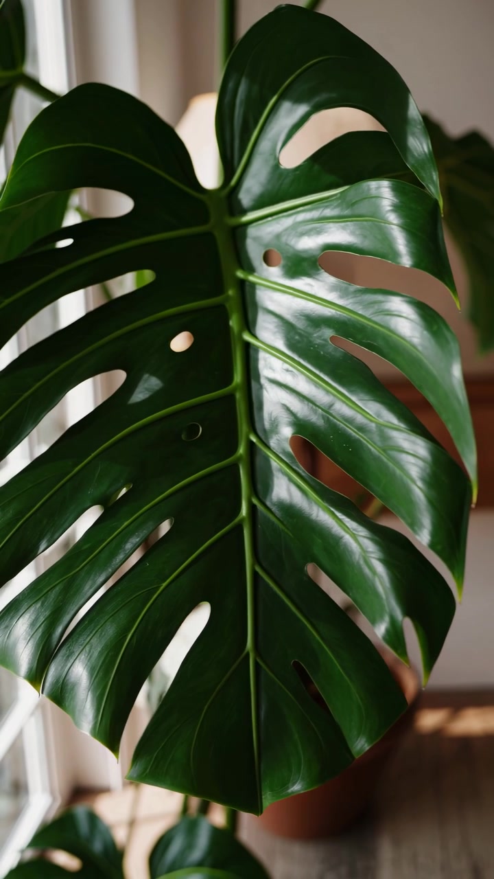Primo piano di una vivace foglia verde di Monstera Deliciosa