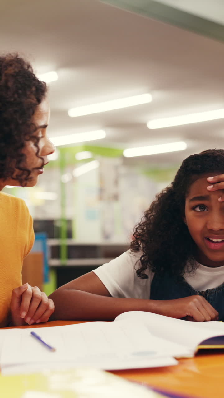 Woman Helping Young Girl with Homework and Studies