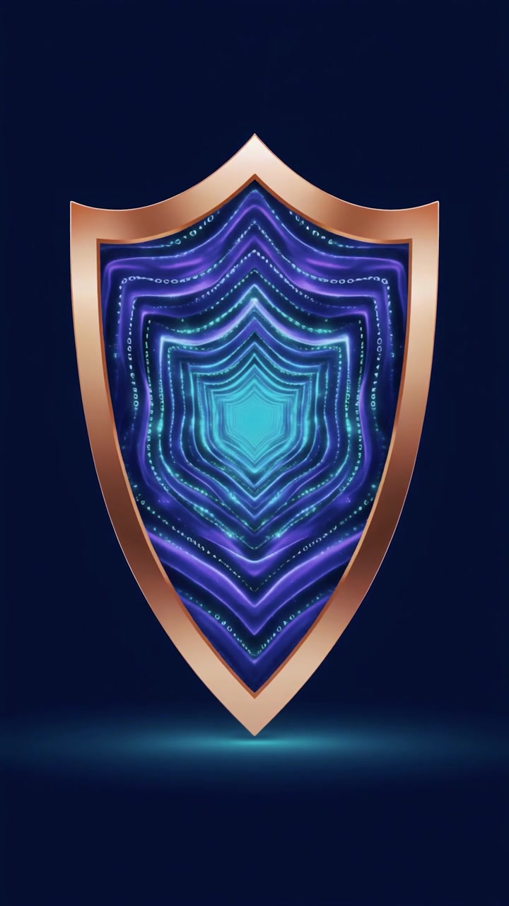 Animated Golden Shield with Glowing Digital Data Tunnel