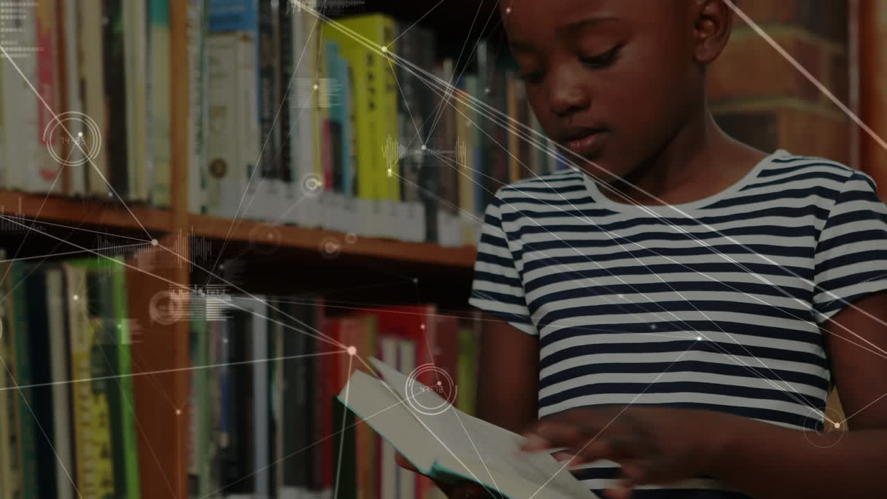 Animation of network of connections over african american girl reading a book in library at school