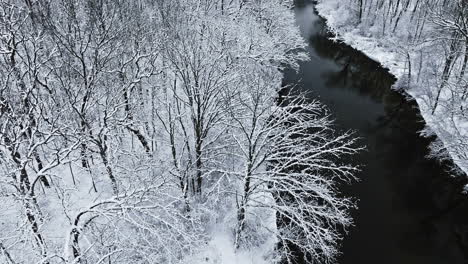 overhead drone view traversing the pristine winter beauty of the snow-covered huron river valley