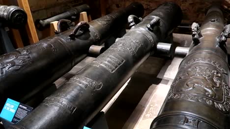 panning shot of engraved shields and lions' long cannons on show in the tower of london