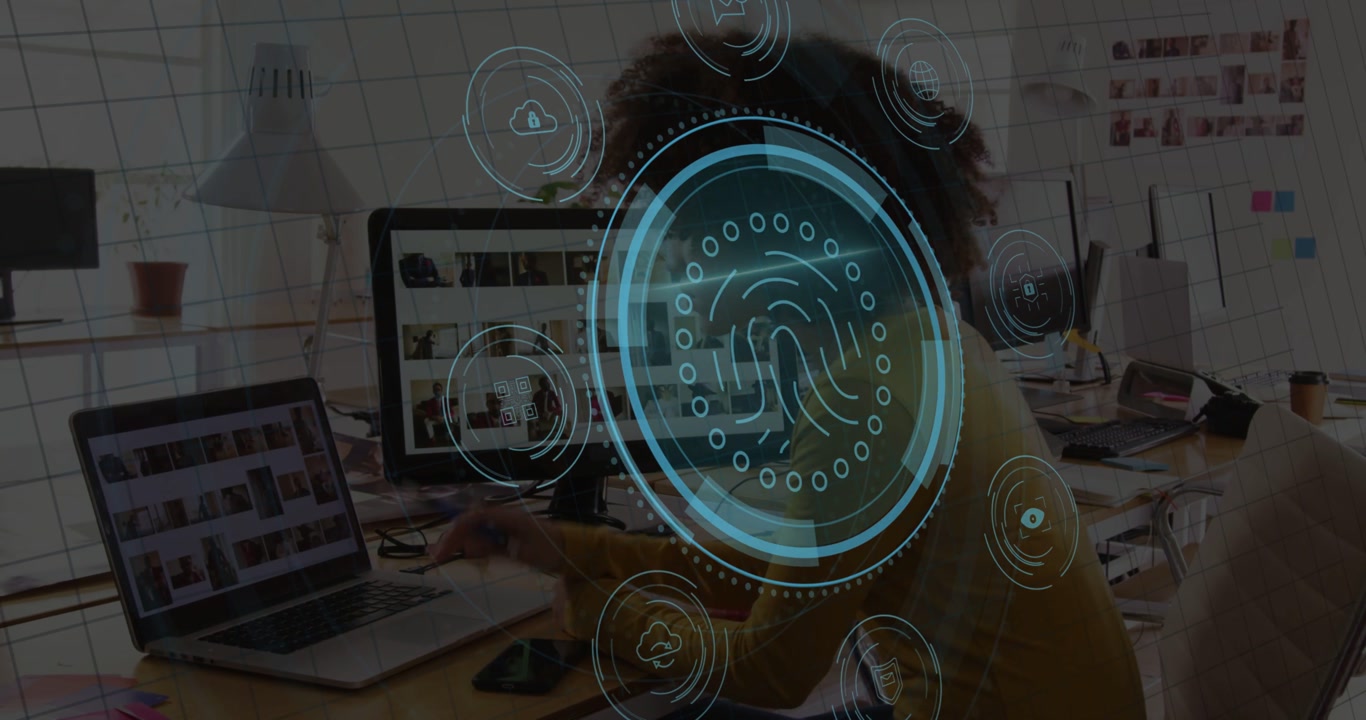 Woman tapping phone and using laptop starting security HUD rings scanning fingerprint securing data
