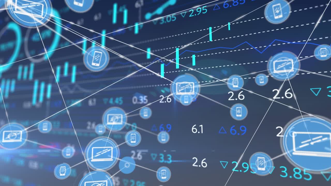 Animation of connections over financial data and graphs on navy background