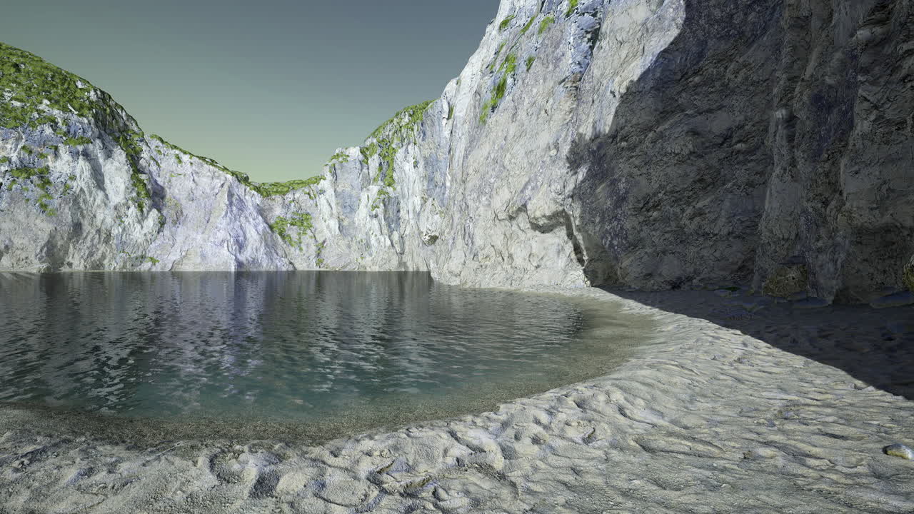 Tranquil lagoon surrounded by rocky cliffs during a serene midday