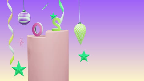 animation of 2023 number over new year and christmas decorations on purple background