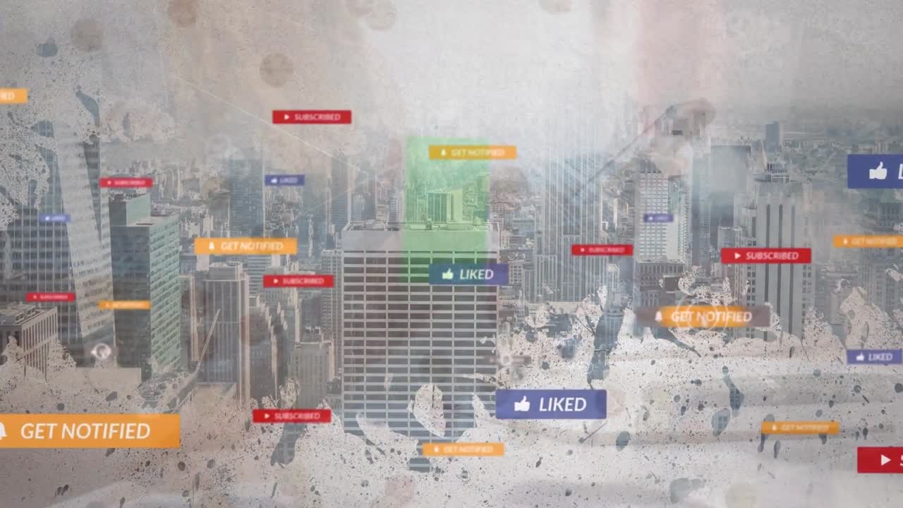 도시 풍경 위의 미디어 아이콘과 연결 네트워크의 애니메이션