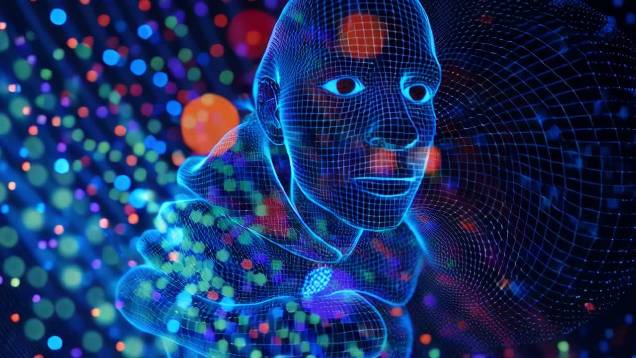 A mesmerizing digital portrait showcasing an intricate, glowing face enveloped in a vibrant array of colorful lights, highlighting the fusion of technology and artistic expression