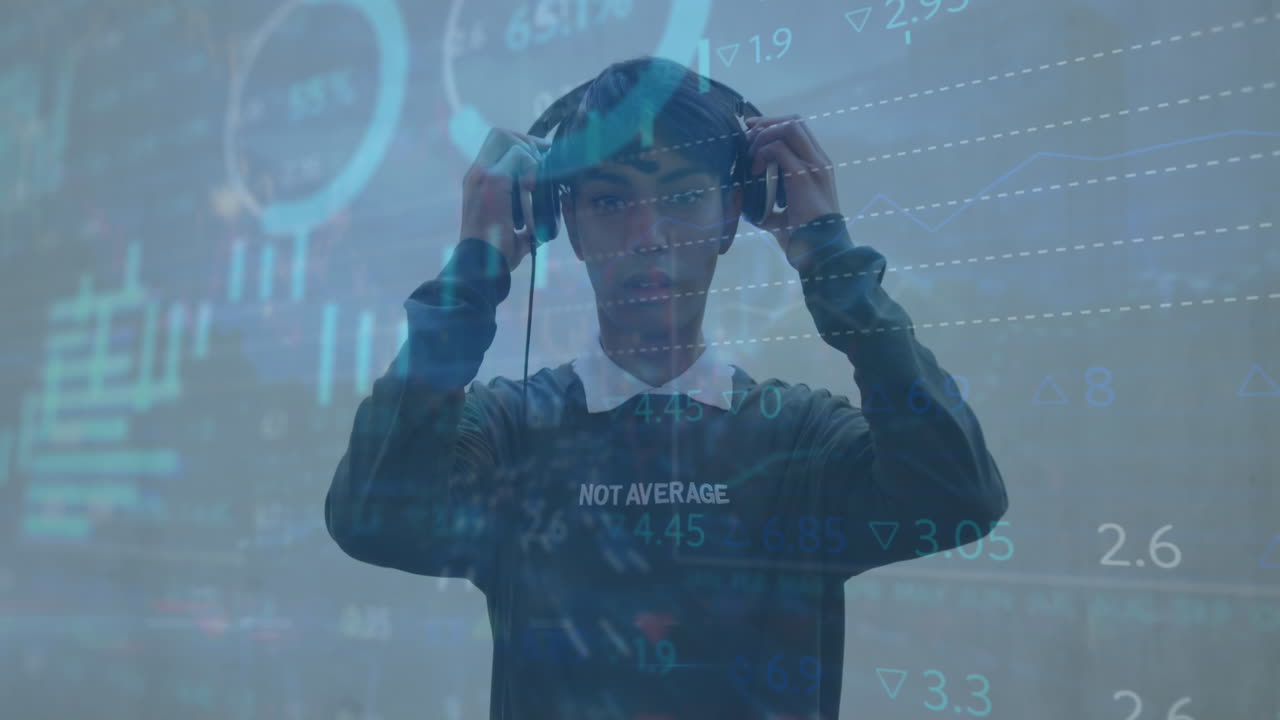 Animation of statistical and stock market data processing against asian man wearing headphones