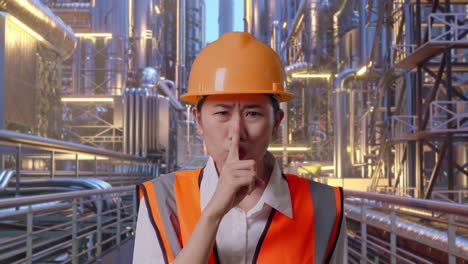 close up of asian female engineer with safety helmet making shh gesture while standing at a vast oil refinery