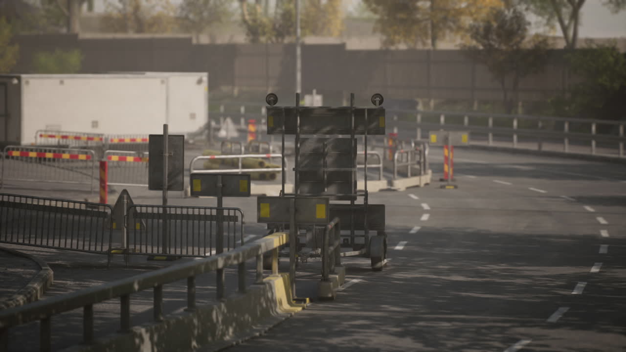 Road construction work underway in urban area with machinery and barriers