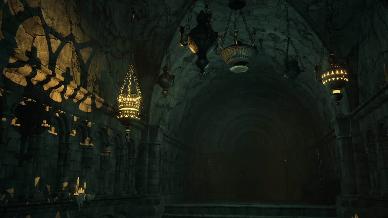 Mysterious underground cavern with intricate lighting and stone architecture