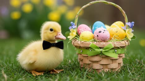 a charming yellow duckling with a bow tie beside a colorful basket of easter eggs, set against a lush green background filled with spring flowers
