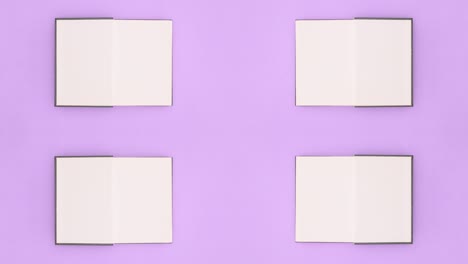 four dark green books appear and open on purple theme. stop motion