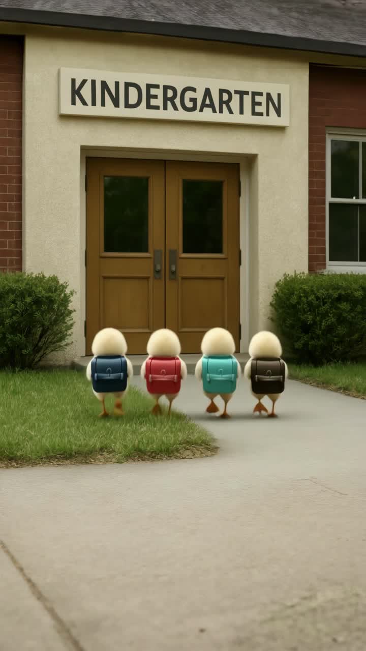 Four fluffy chicks with backpacks walk in a line towards a kindergarten