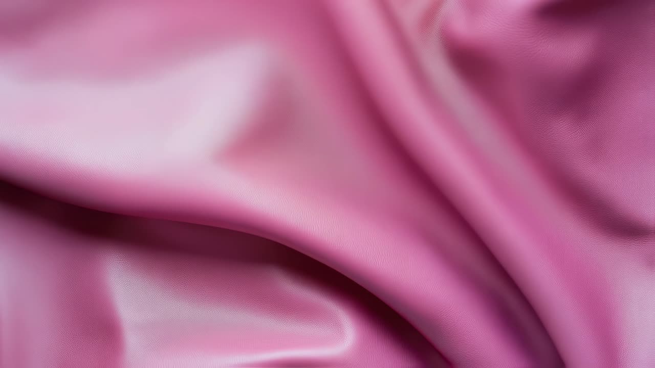 Pink satin fabric gracefully flowing and folding, revealing luxurious texture through soft lighting and delicate shadows, showcasing elegant movement and refined aesthetic