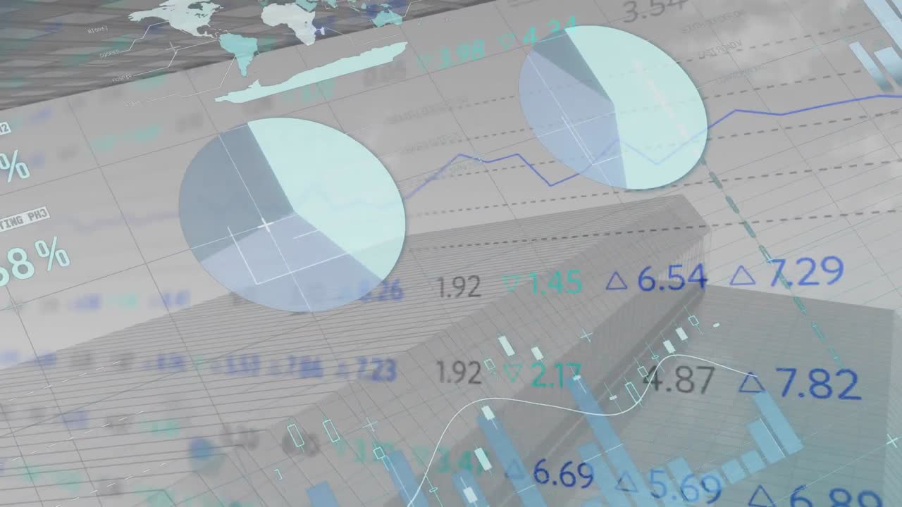 Animation of statistical and stock market data processing against low angle view of tall buildings